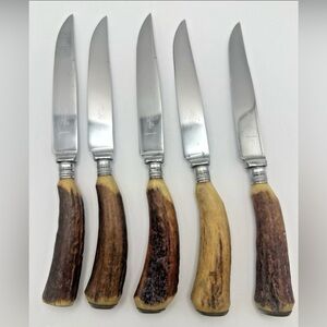 5 Taylor Witness Sheffield Steak Knives Stag Horn Handles England Antique Vtg